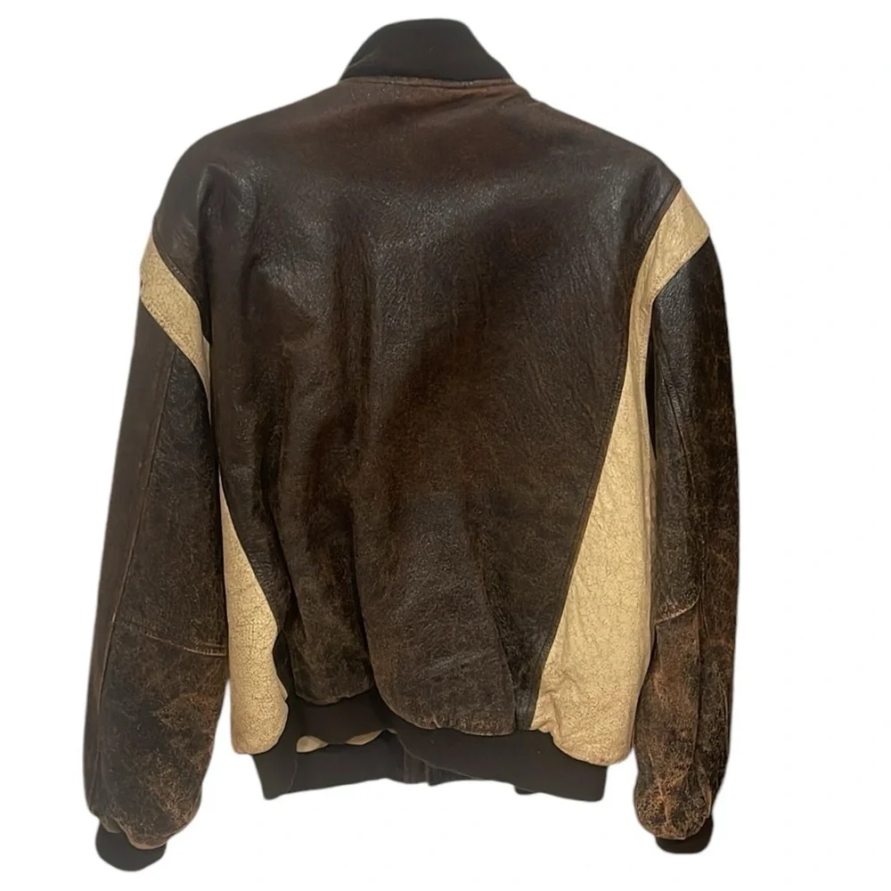 Vintage Mirage Distressed Leather Bomber Varsity Jacket Brown Cream SZ M